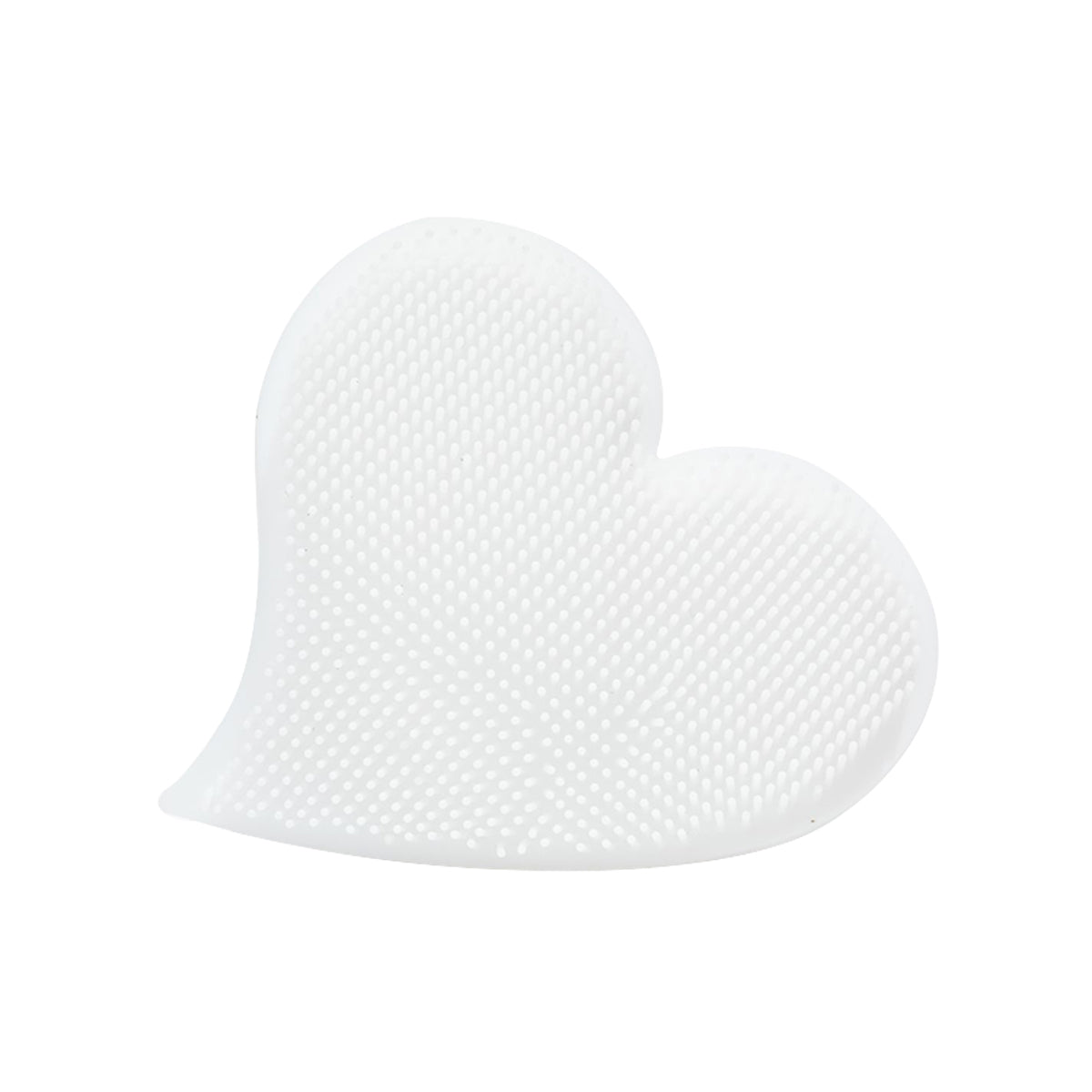 The We Love Eyes Eyelid Scrub Mitt, by We Love Eyes, is a white heart-shaped textured silicone pad that gently cleanses the face and eyelids with its dotted surface pattern.