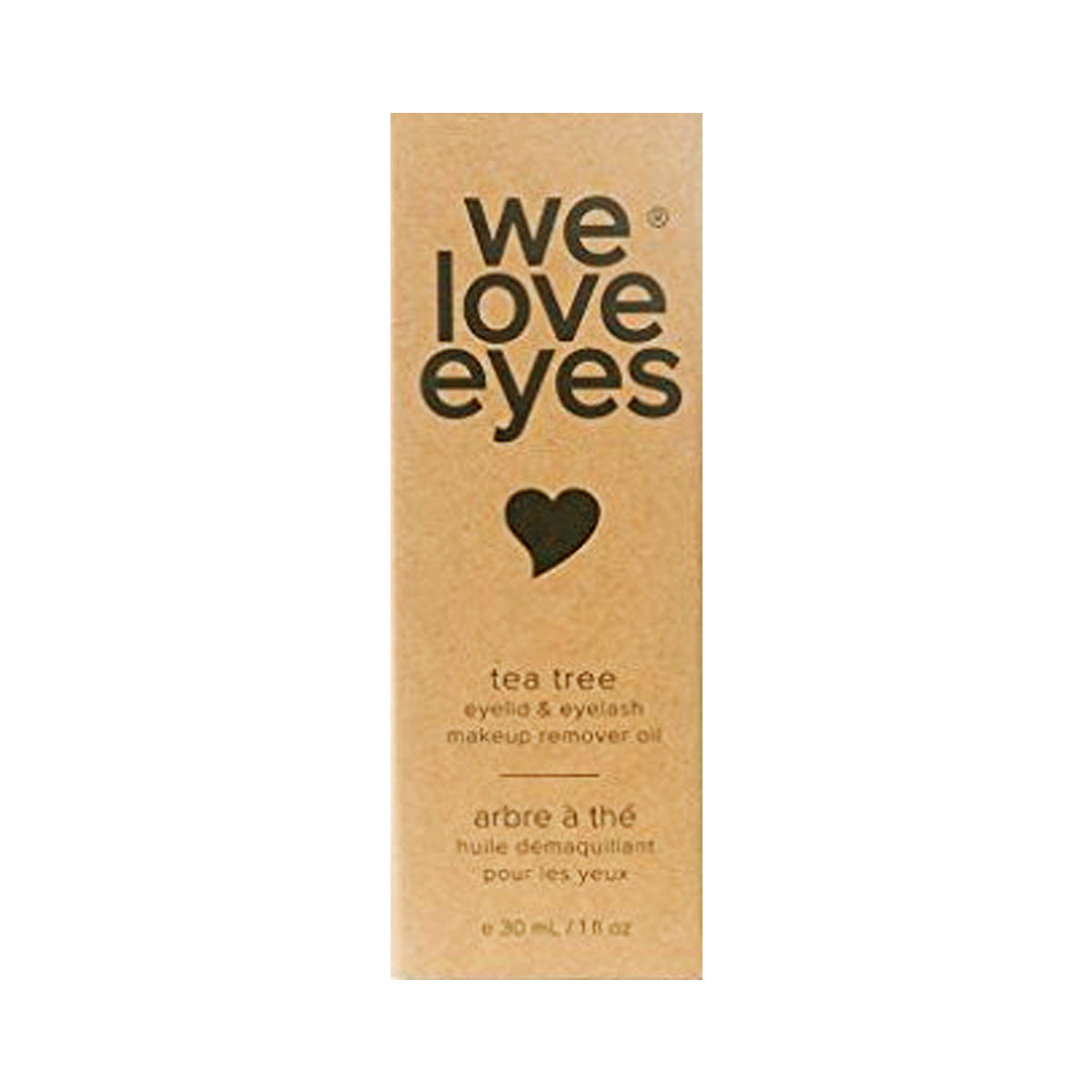 A simple, eco-friendly cardboard box says we love eyes, with a heart below. It reads tea tree eyelid & eyelash makeup remover oil in English and French, featuring organic jojoba oil. Contains 30 mL or 1 fl oz. Brand: We Love Eyes - Remove waterproof makeup easily.
