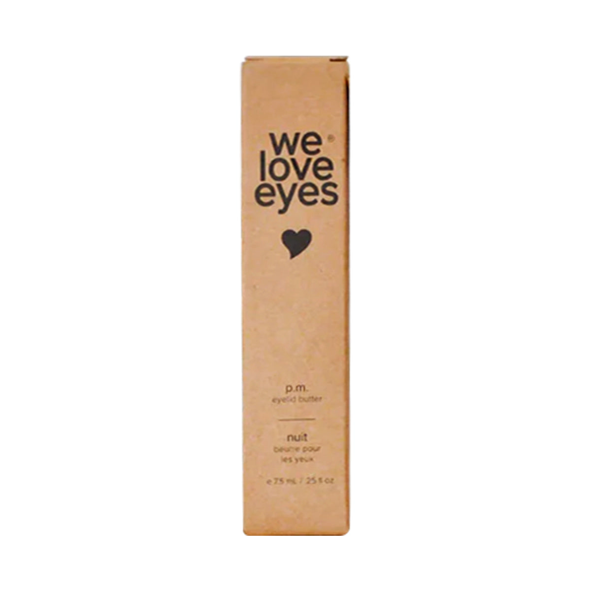 A vertical rectangular brown box with black text features We Love Eyes and a heart icon. It advertises oil-based P.M. Eyelid Butter, Nuit for meibomian gland health. Size: 7.5 ml, 2.5 fl oz by We Love Eyes brand.