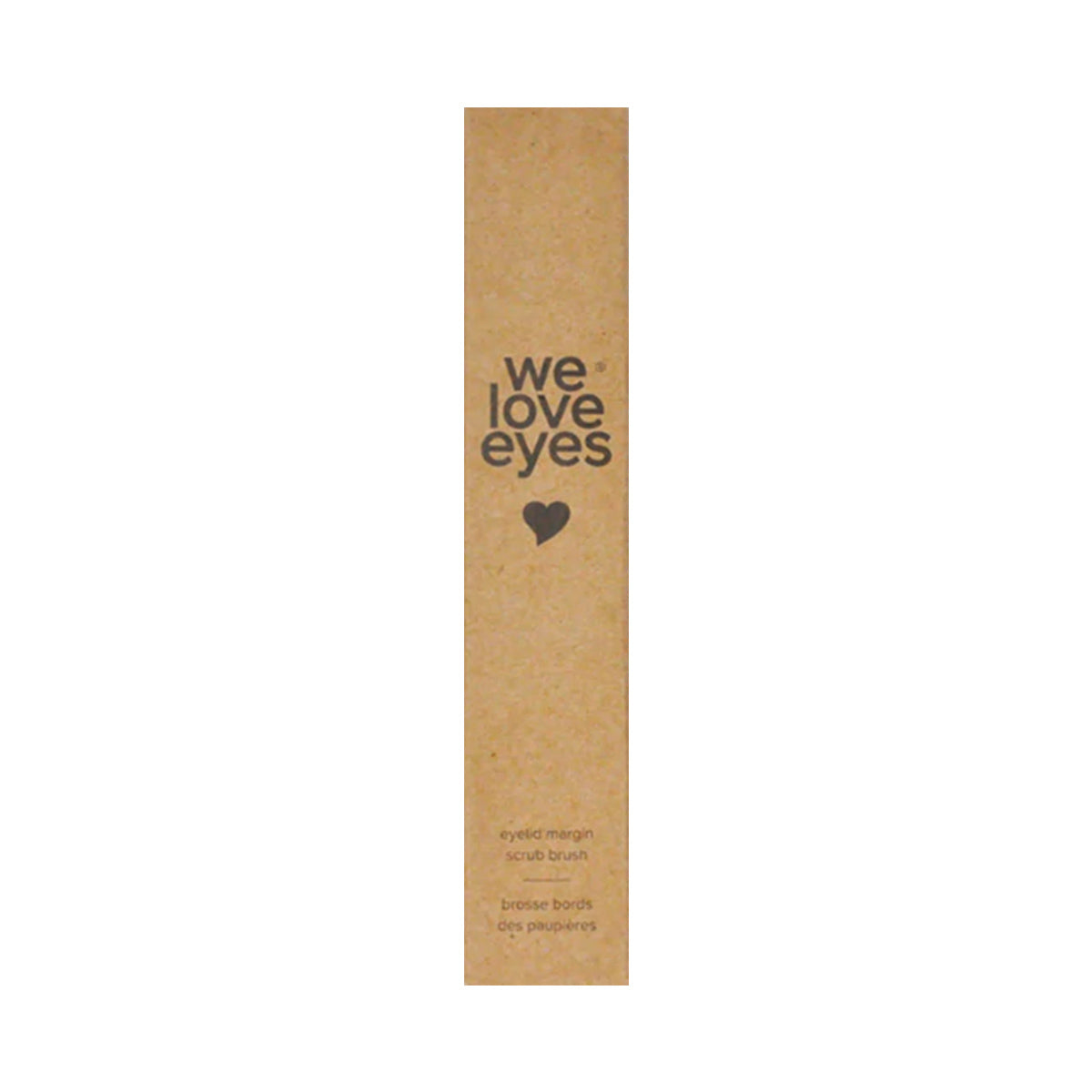 A tall, narrow cardboard box with we love eyes and a heart symbol in black emphasizes meibomian gland health. Titled We Love Eyes Eyelid Margin Scrub Brush, its ideal for an eyelid scrub and addressing demodex collarettes.