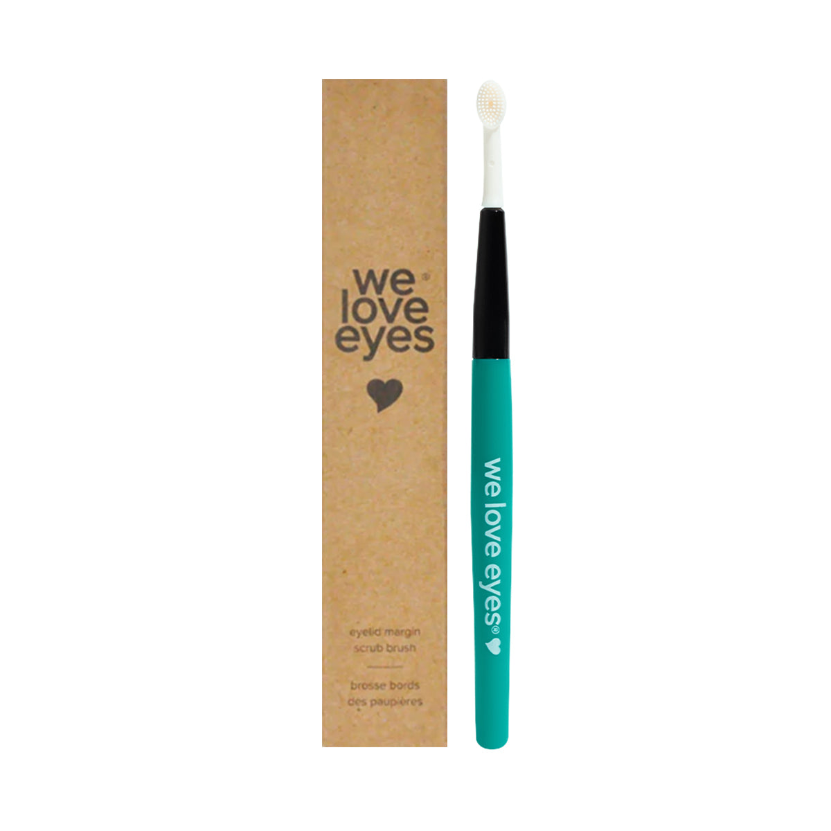 The We Love Eyes Eyelid Margin Scrub Brush in teal is next to its packaging, both adorned with heart icons and We Love Eyes branding. This tool is ideal for maintaining meibomian gland health.