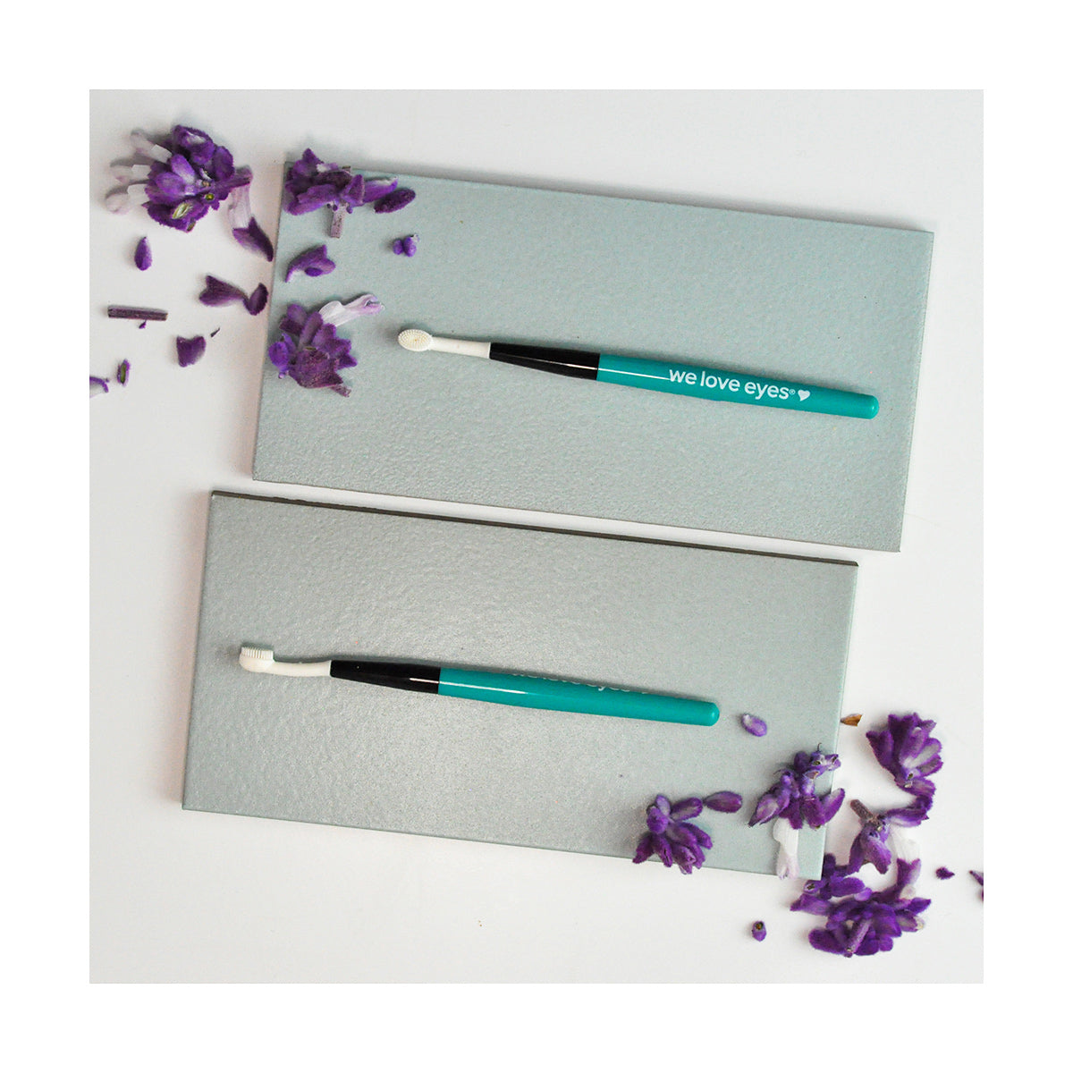 On gray rectangles, two teal We Love Eyes Eyelid Margin Scrub Brushes are shown, with we love eyes on the top one for meibomian gland health. Purple flowers scattered on a white background add a touch of luxury to this eyelid scrub experience.