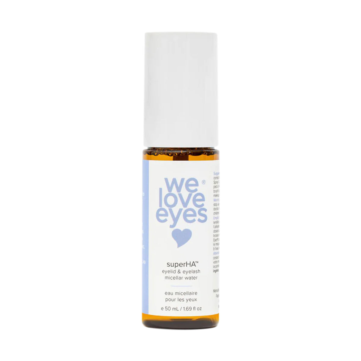 The We Love Eyes superHA Eyelid & Eyelash Micellar Water Make-up Remover (50mL) is ideal for removing eye makeup and enhancing eyelid health, packaged in a cylindrical bottle with a white cap and blue label featuring a heart, infused with refreshing tea tree water.