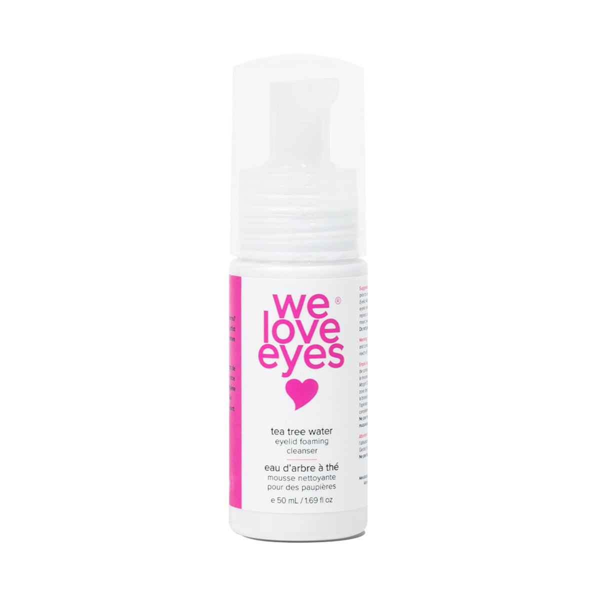 The We Love Eyes Tea Tree Water Eyelid Foaming Cleanser is a 50 ml, pH-balanced product with a pump dispenser. Its soothing and effective formula comes in a white and pink bottle for gentle care.