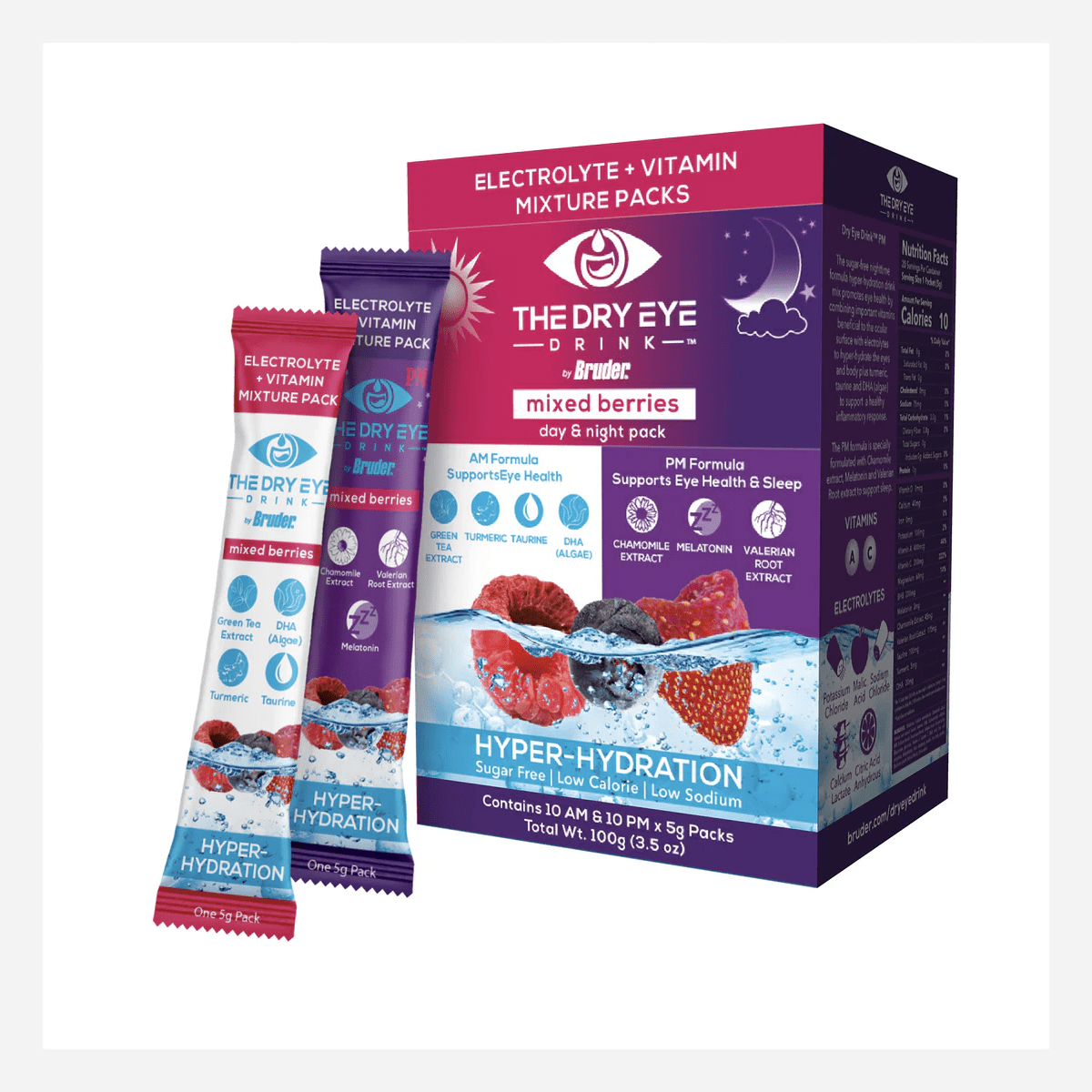 The Dry Eye Drink the Ultimate Hydration for Dry Eyes, Sugar-Free Electrolyte Powder Packets, Blended with Vitamins, Green Tea, Turmeric, Taurine, and Omega 3 (20 Packets of Mixed Berry AM/PM) - Dryeye Rescue