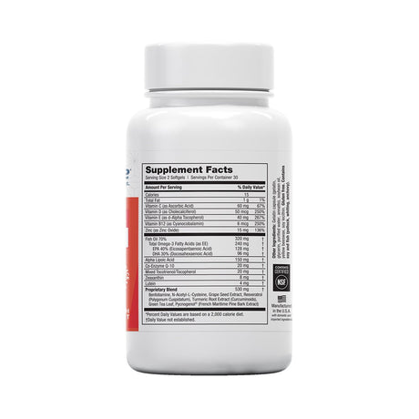 A white EyePromise DVS Eye Vitamin bottle features a supplement facts label with ingredients and nutritional info for vision support, focusing on retinal health for diabetic retinopathy. The design is simple, with black and gray text and minimal branding.
