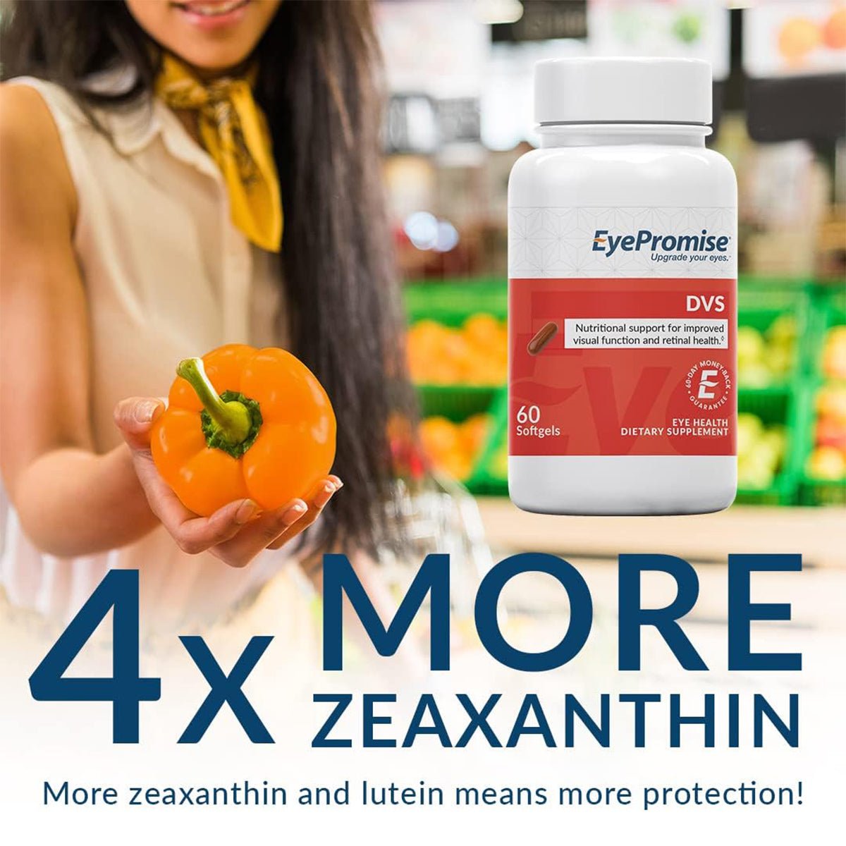 A woman holds an orange pepper in a grocery store, with an EyePromise DVS Eye Vitamin bottle visible nearby. The text emphasizes 4x More Zeaxanthin and states More zeaxanthin and lutein means more protection! to highlight its retinal support benefits.