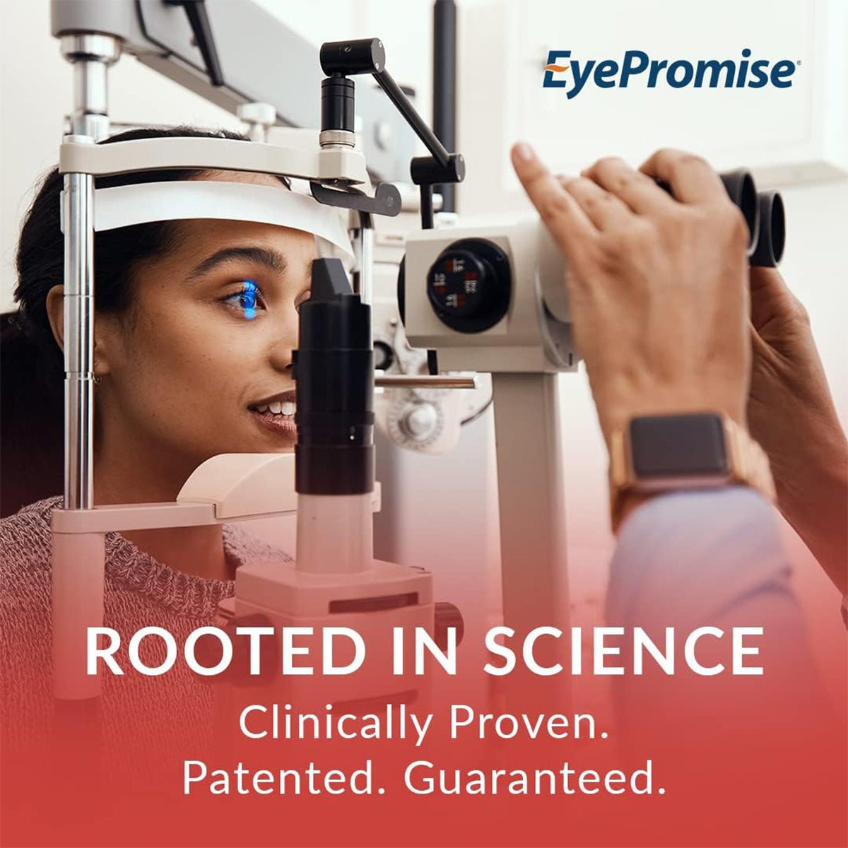 A person undergoing an eye exam with a specialized device is shown, featuring the EyePromise DVS logo above, and the words Rooted in Science. Clinically Proven. Patented. Guaranteed. on a red background below, highlighting the vision support benefits of EyePromise DVS Eye Vitamin for diabetic retinopathy.