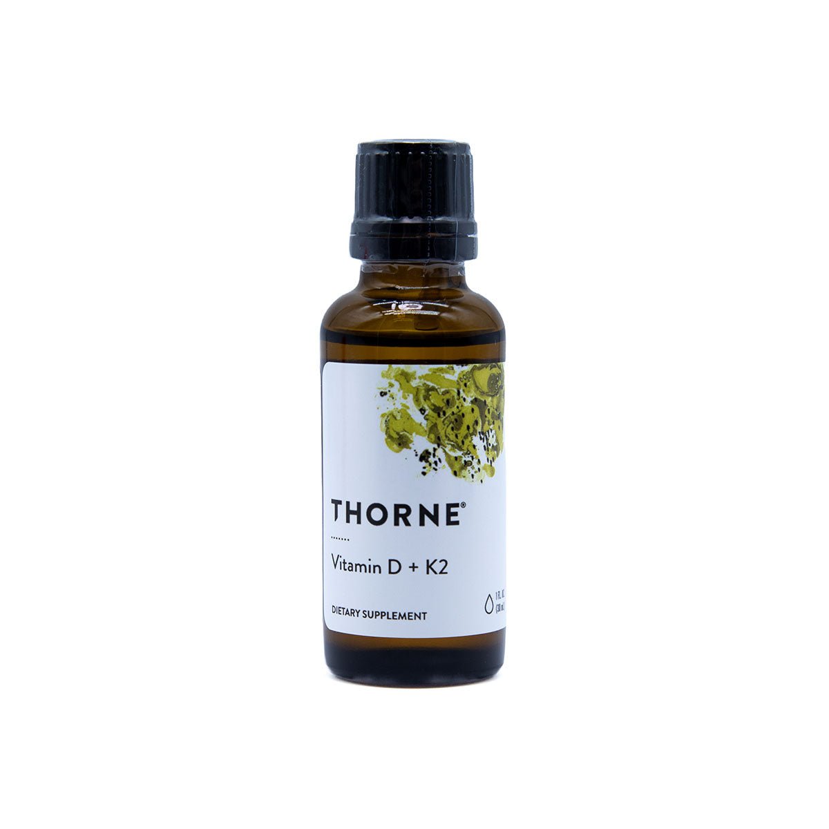 Thorne Vitamin D+K2 amber dropper bottle, front label, straight-on