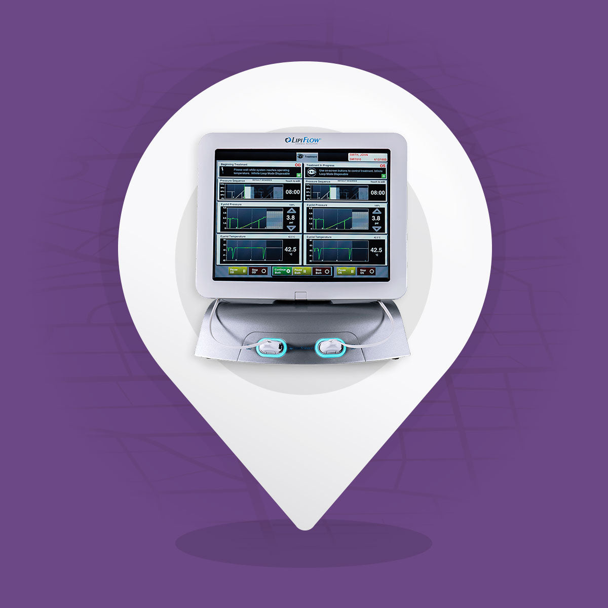 A medical monitor displaying various graphs and data is shown against a purple background. The monitor is within a location pin icon design. Two ECG leads are positioned at the bottom of the monitor.