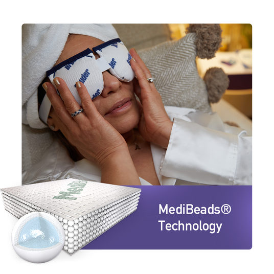 A person reclines with a MediBeads eye mask on, wearing a white robe and resting against a pillow. The foreground shows a graphic with MediBeads® Technology, depicting a stack of beads next to a cross-sectional image of a bead.