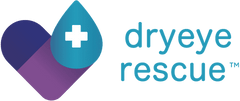 Logo of Dry Eye Rescue featuring a blue gradient droplet with a white medical cross overlying a purple heart shape. The text dry eye rescue appears in blue to the right of the graphics.