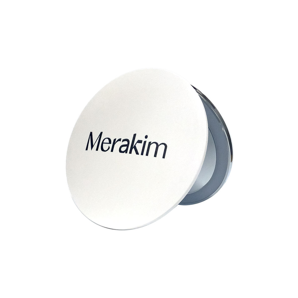 The Merakim Rechargeable LED Makeup Mirror, compact and round, features a white cover with Merakim in black text. Its slightly open design reveals the reflective surface and adjustable light settings for perfect illumination, making it portable and eco-friendly.