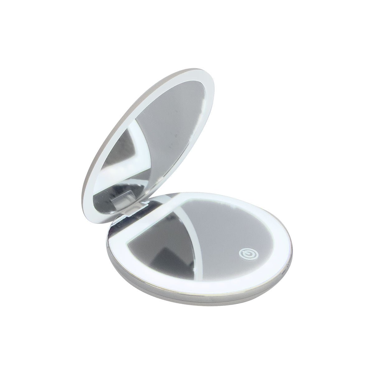 The Merakim Rechargeable LED Makeup Mirror features adjustable LED lights, a round compact design with 1/3X magnification, and an eco-friendly portable build that opens to reveal a reflective surface.