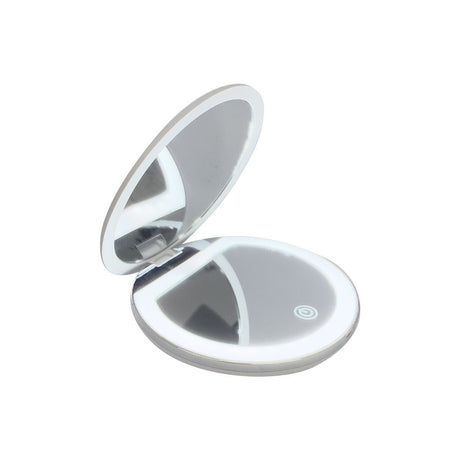 The Merakim Rechargeable LED Makeup Mirror features adjustable LED lights, a round compact design with 1/3X magnification, and an eco-friendly portable build that opens to reveal a reflective surface.