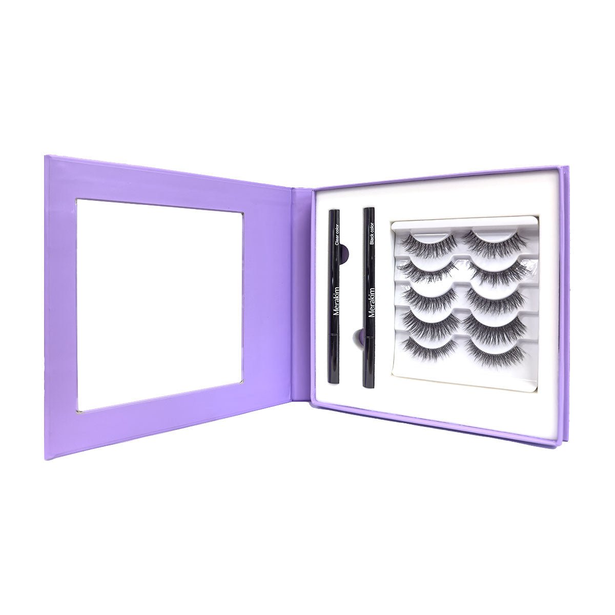 The Merakim Eyes on Beauty Lashes set opens to reveal a mirror on the left and, on the right, an organized kit with 5 pairs of faux mink lashes and two black magnetic eyeliner pens for easy access and effortless application.