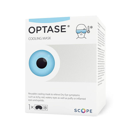 Optase Cooling Mask for Allergies and Puffy Eyes features HydroCool™ Technology, showcasing an eye graphic and an illustration of a person enjoying relief. It offers dry eye symptom relief like dryness, redness, and watering. The Scope brand logo appears in the bottom right.