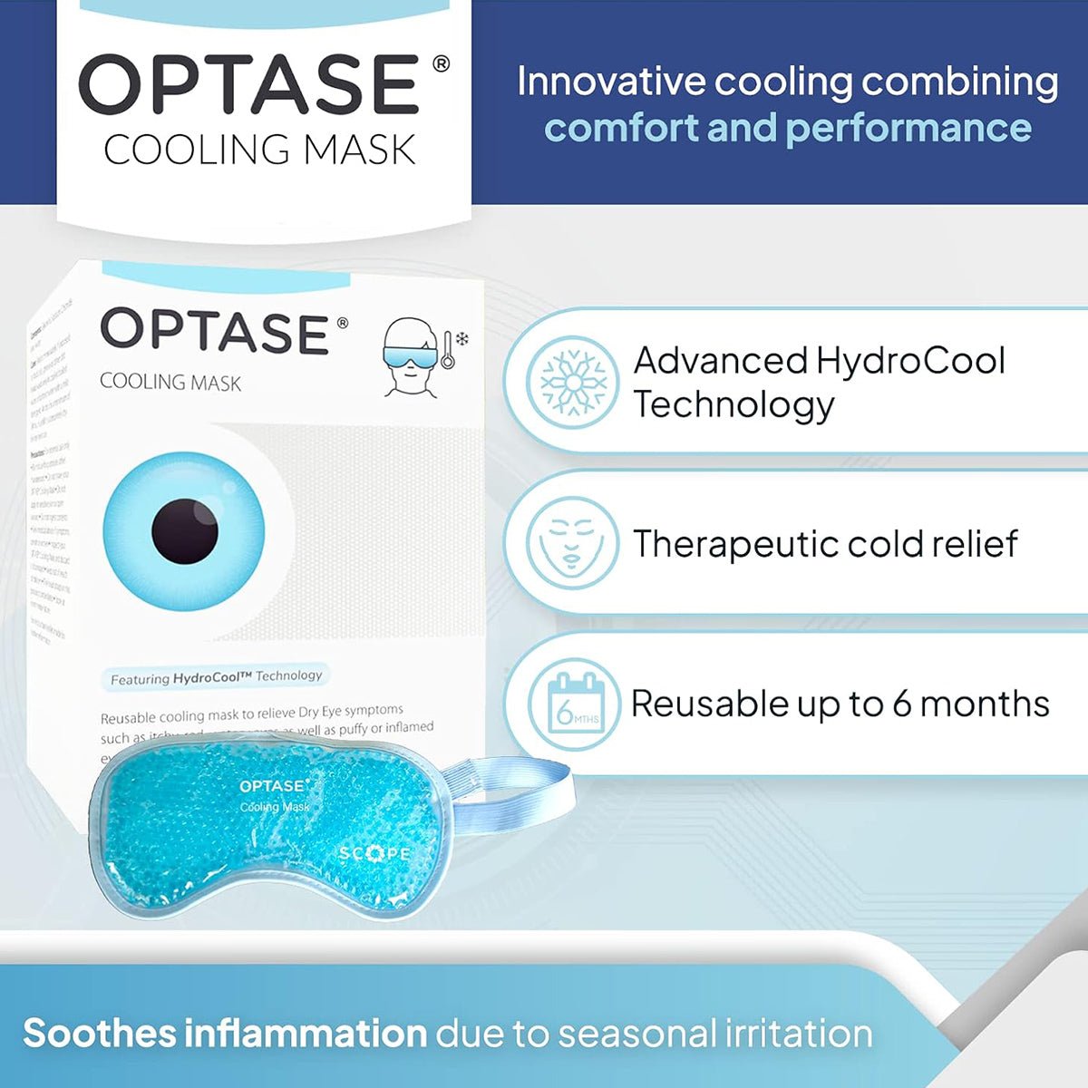 Image of Optase Cooling Mask for Allergies and Puffy Eyes packaging with the mask. Text highlights Innovative cooling combining comfort and performance with features: Advanced HydroCool™ Technology for therapeutic cold relief and dry eye relief. Reusable up to 6 months, it offers soothing cooling therapy.