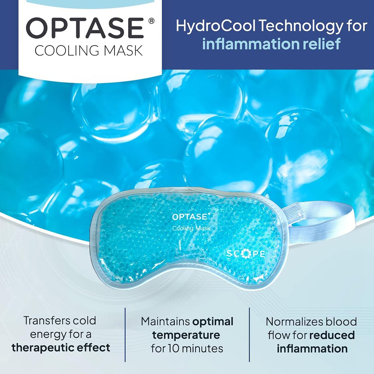 The Optase Cooling Mask for Allergies and Puffy Eyes (Re-Usable) by Optase is shown in blue with HydroCool™ Technology. It provides inflammation relief, therapeutic cold transfer, dry eye relief, maintains optimal temperature for 10 minutes, and normalizes blood flow for soothing therapy.