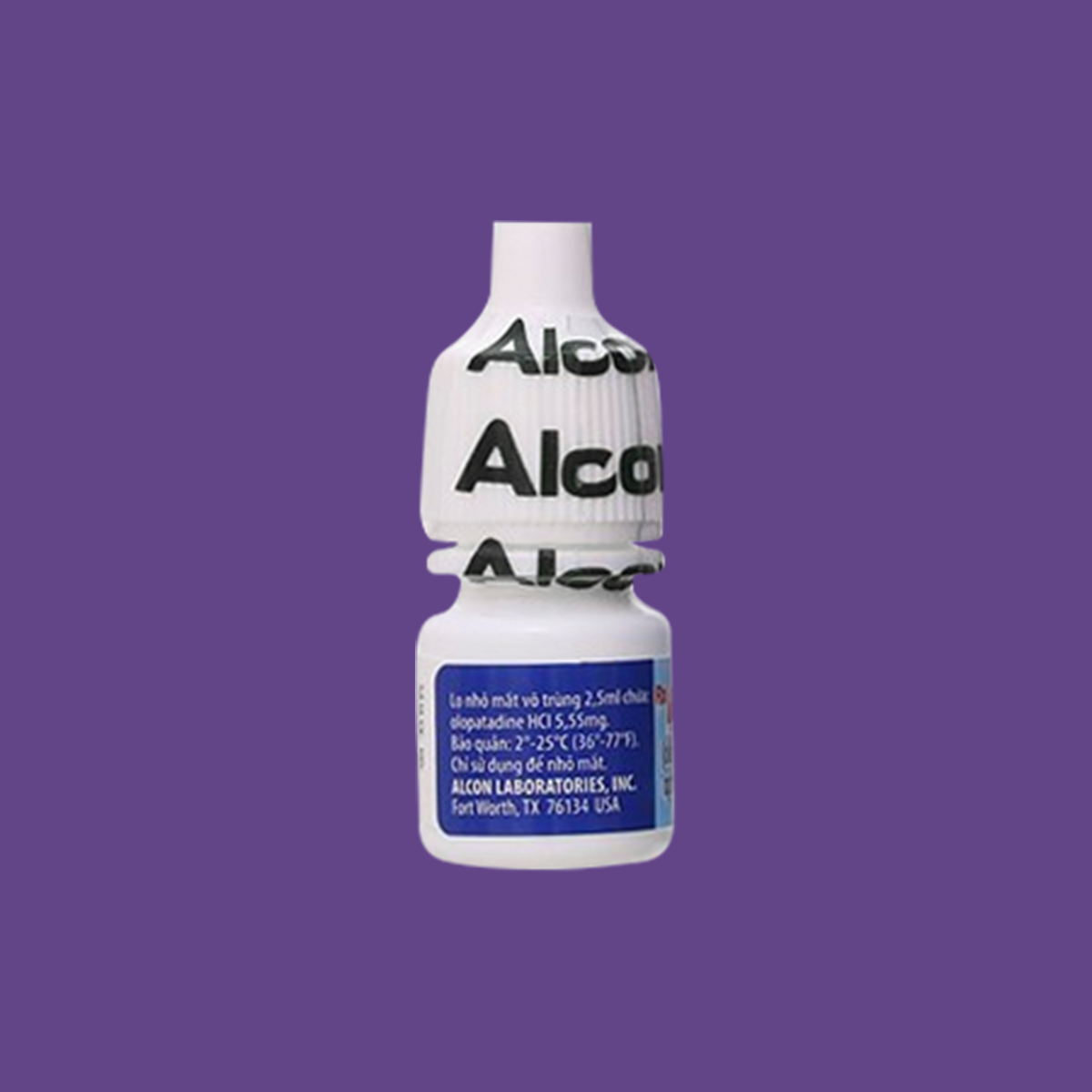 The Pataday Once Daily Relief Eye Drops by Alcon, presented in a small white and blue bottle, rests on a solid purple background, promising soothing antihistamine relief with its Olopatadine Hydrochloride formula.