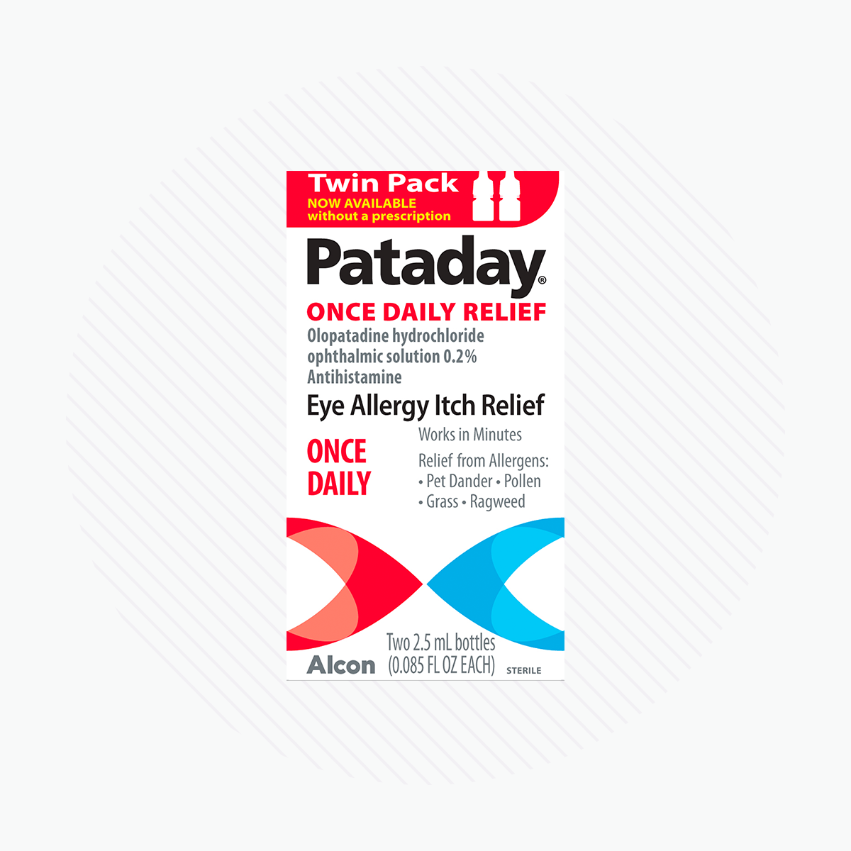 Image of Alcons Pataday Once Daily Relief Eye Drops packaging features the text on olopatadine hydrochloride, an effective antihistamine for eye itch relief, and includes two 2.5 mL bottles, presented as a convenient twin pack.