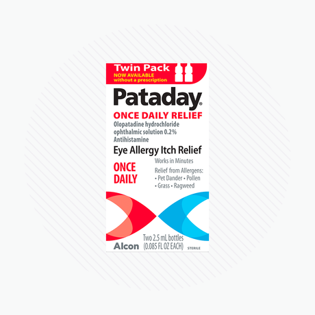 Image of Alcons Pataday Once Daily Relief Eye Drops packaging features the text on olopatadine hydrochloride, an effective antihistamine for eye itch relief, and includes two 2.5 mL bottles, presented as a convenient twin pack.
