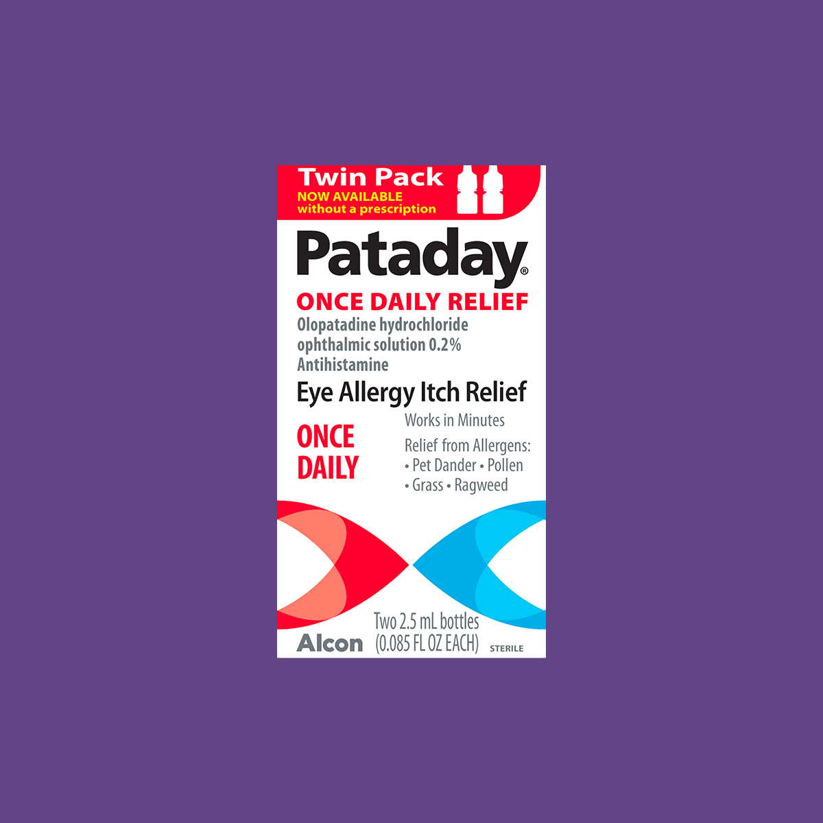The image shows Alcons Pataday Once Daily Relief Eye Drops (Twin Pack) with olopatadine hydrochloride. These antihistamine drops provide relief from allergens like pollen and ragweed, packaged in red, white, and blue. Contains two 2.5 mL bottles labeled Twin Pack.