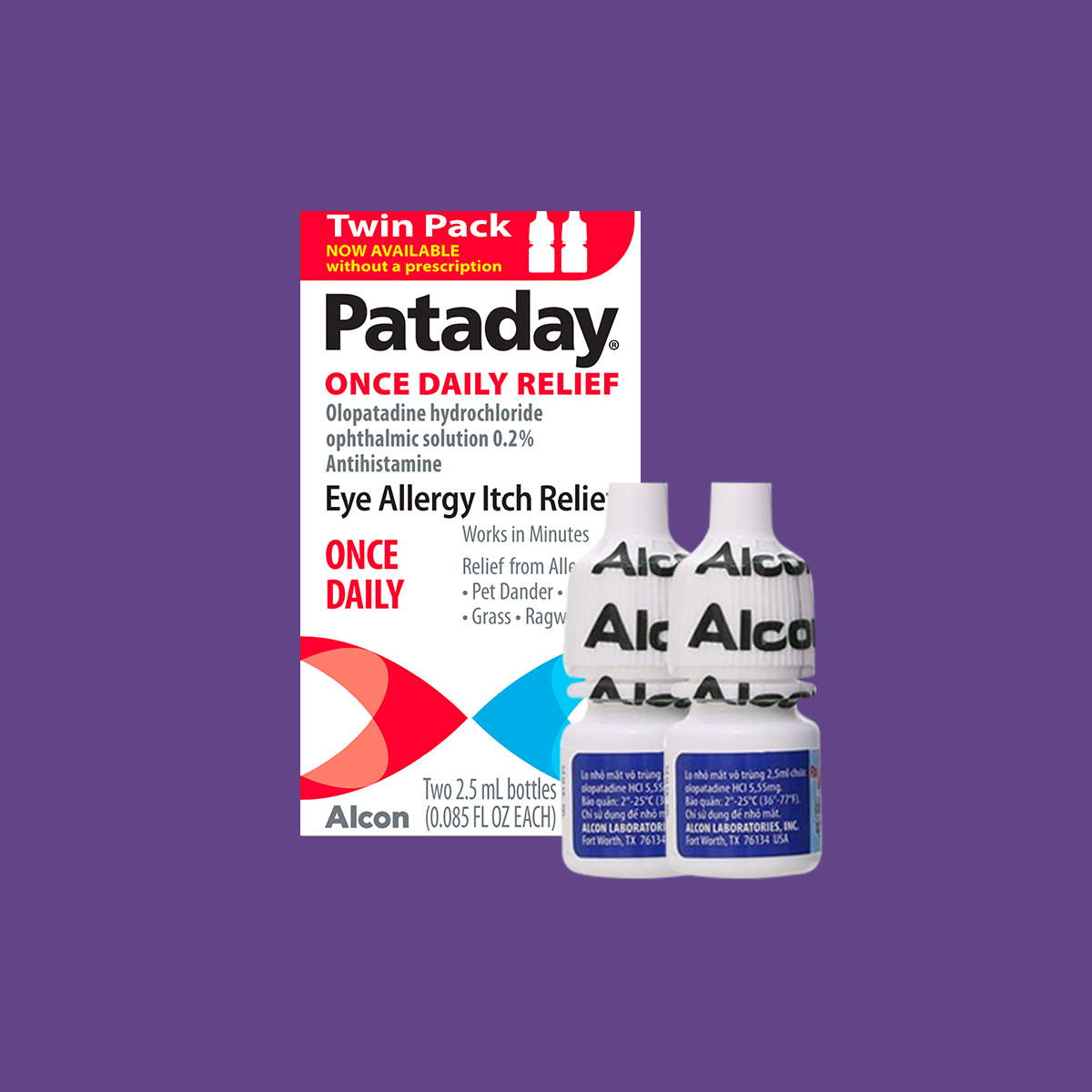 Image of Alcons Pataday Once Daily Relief Eye Drops twin pack against a purple background. The packaging highlights itch relief from allergens like pet dander, grass, and ragweed with Olopatadine Hydrochloride and contains two 2.5 mL bottles.
