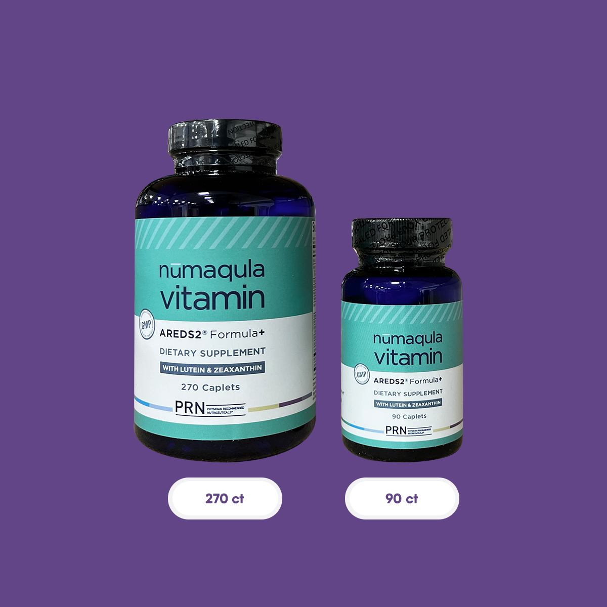 Two PRN nūmaqula Vitamin bottles with the AREDS2 formula, featuring enhancements for advanced macular support, contain 90 and 270 caplets. They are displayed on a purple background and ideal for eye care.