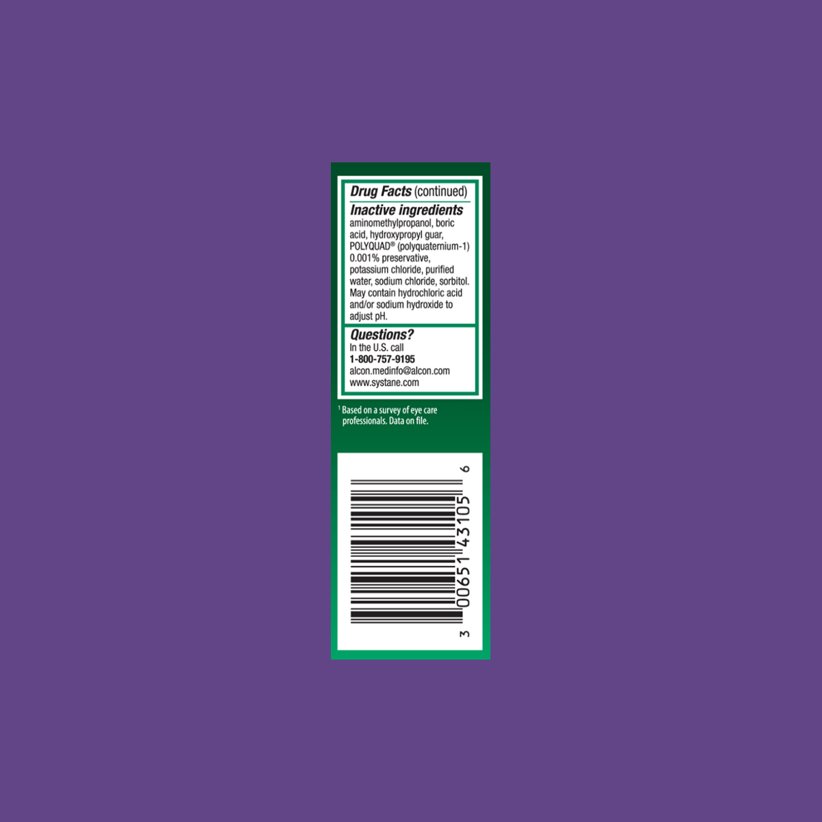 A green box with white text on a purple background lists inactive ingredients like mineral oil and sorbitan monostearate. It includes a barcode, contact info for inquiries, and advises consulting a care professional for dry eye relief using Alcons Systane Ultra High Performance Lubricant Eye Drops.