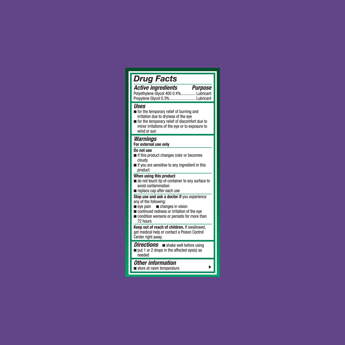 A rectangular drug facts label on a purple background provides details about Systane Ultra High Performance Lubricant Eye Drops, 10mL bottle by Alcon. It lists active ingredients, uses, warnings, and directions for hydration and dry eye relief in black text with bold section headings.