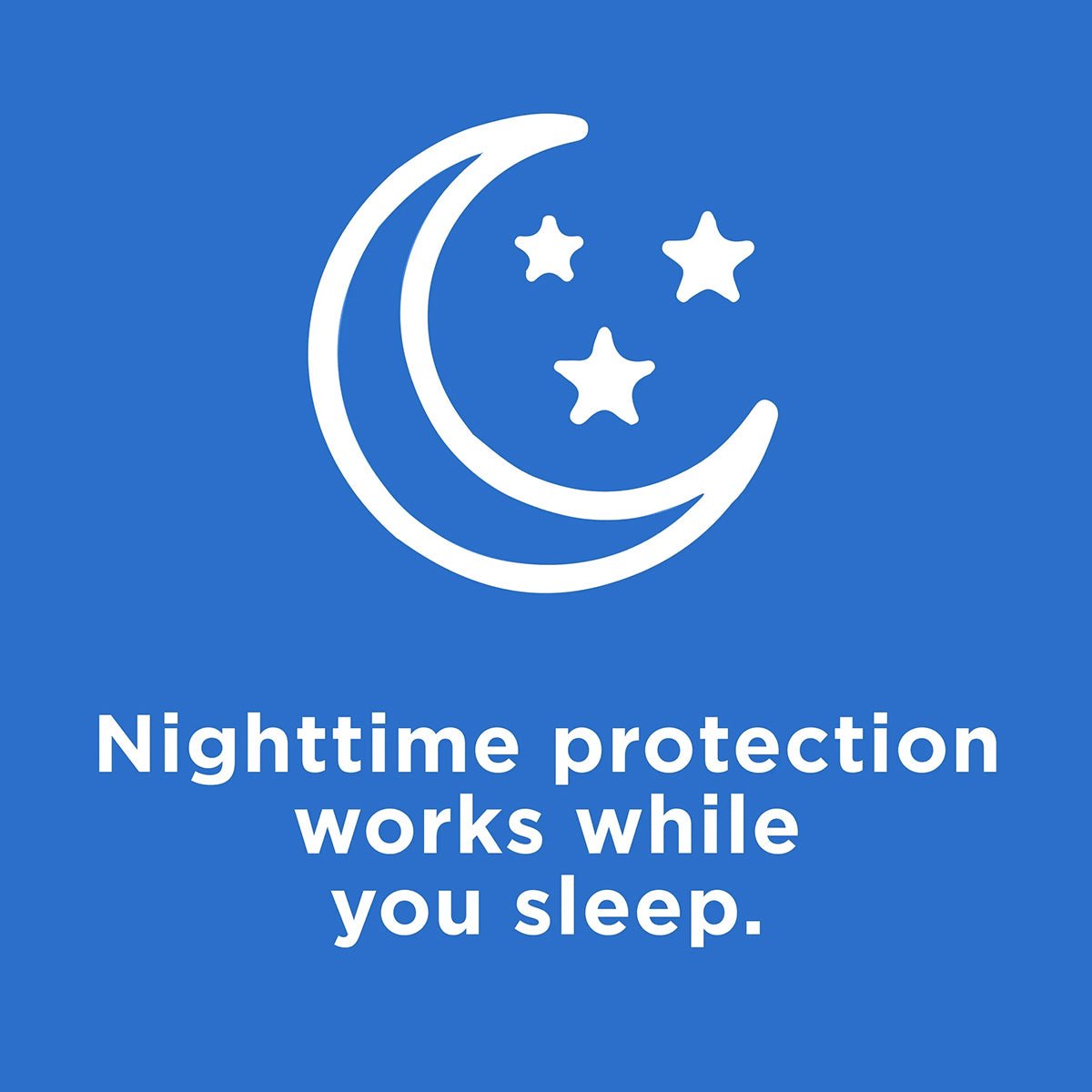 A crescent moon and three stars on a blue background symbolize tranquility. Below them, white text reads, Systane Night Gel for Comforting Eye Relief at Nighttime by Alcon works while you sleep, ensuring dry eye protection and long-lasting relief (10g / .35oz).