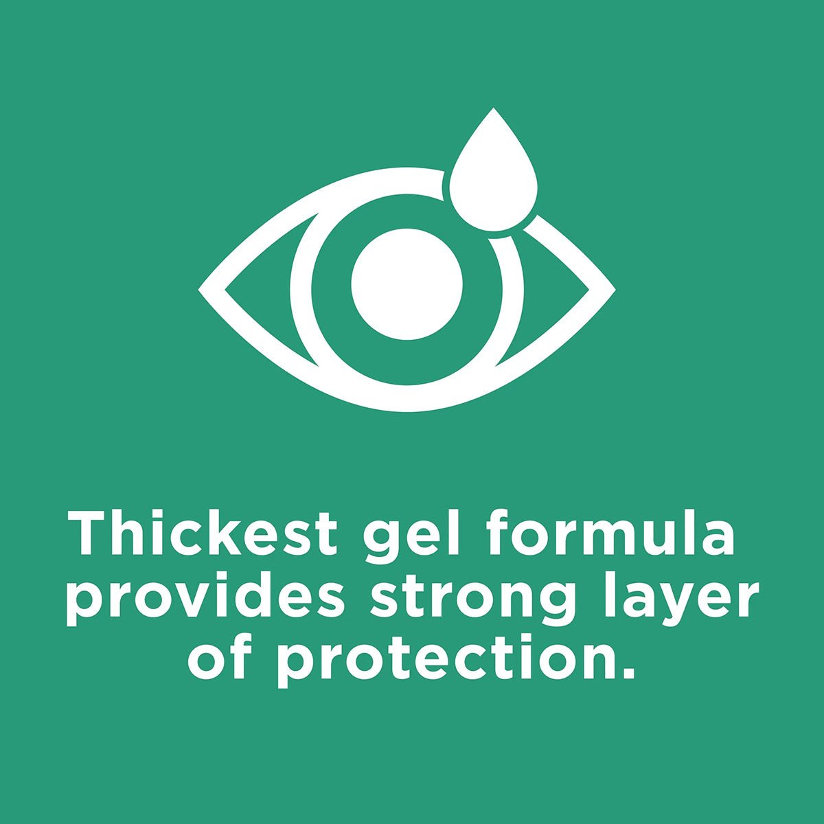 A stylized eye with a droplet above it on a green background illustrates Systane Night Gel by Alcon. White text below reads: Thickest gel formula provides strong layer of dry eye protection for long-lasting relief. Contains 10g / .35oz for comforting nighttime eye relief.