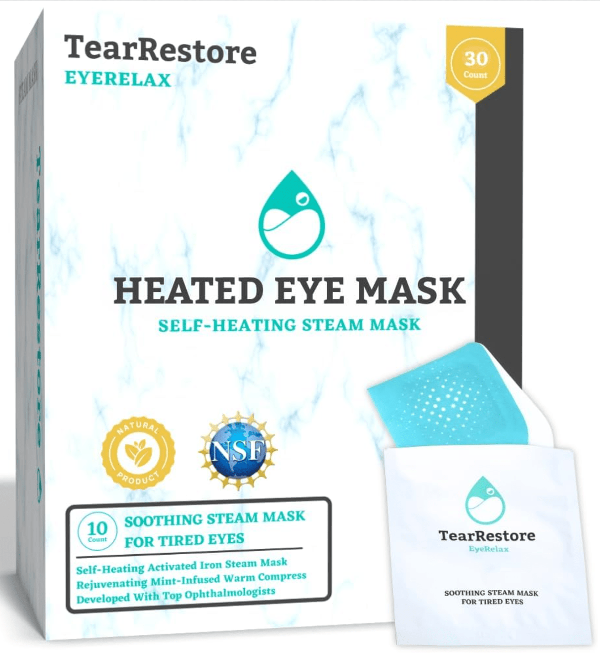 TearRestore EyeRelax Heated Eye Mask - Self Heating Mint Infused Steam Mask (10 - pack) - Dryeye Rescue