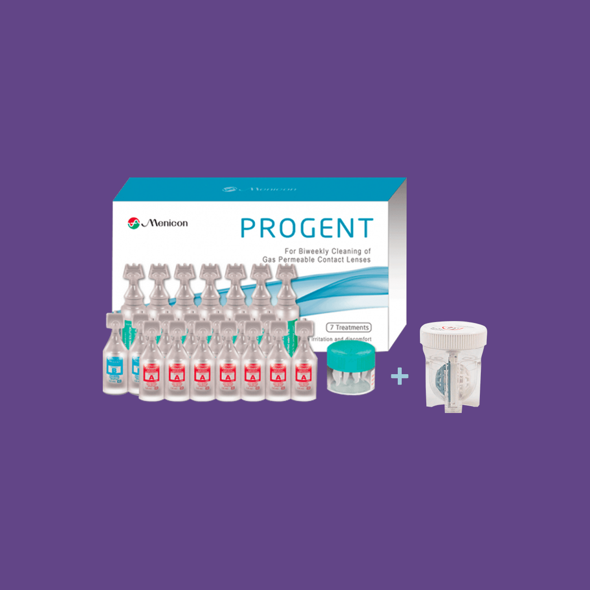 Menicon Progent Biweekly Contact Lens Cleaner - Removes Protein Deposits (7 Treatments) with Large Diameter Case Bundle - Dryeye Rescue