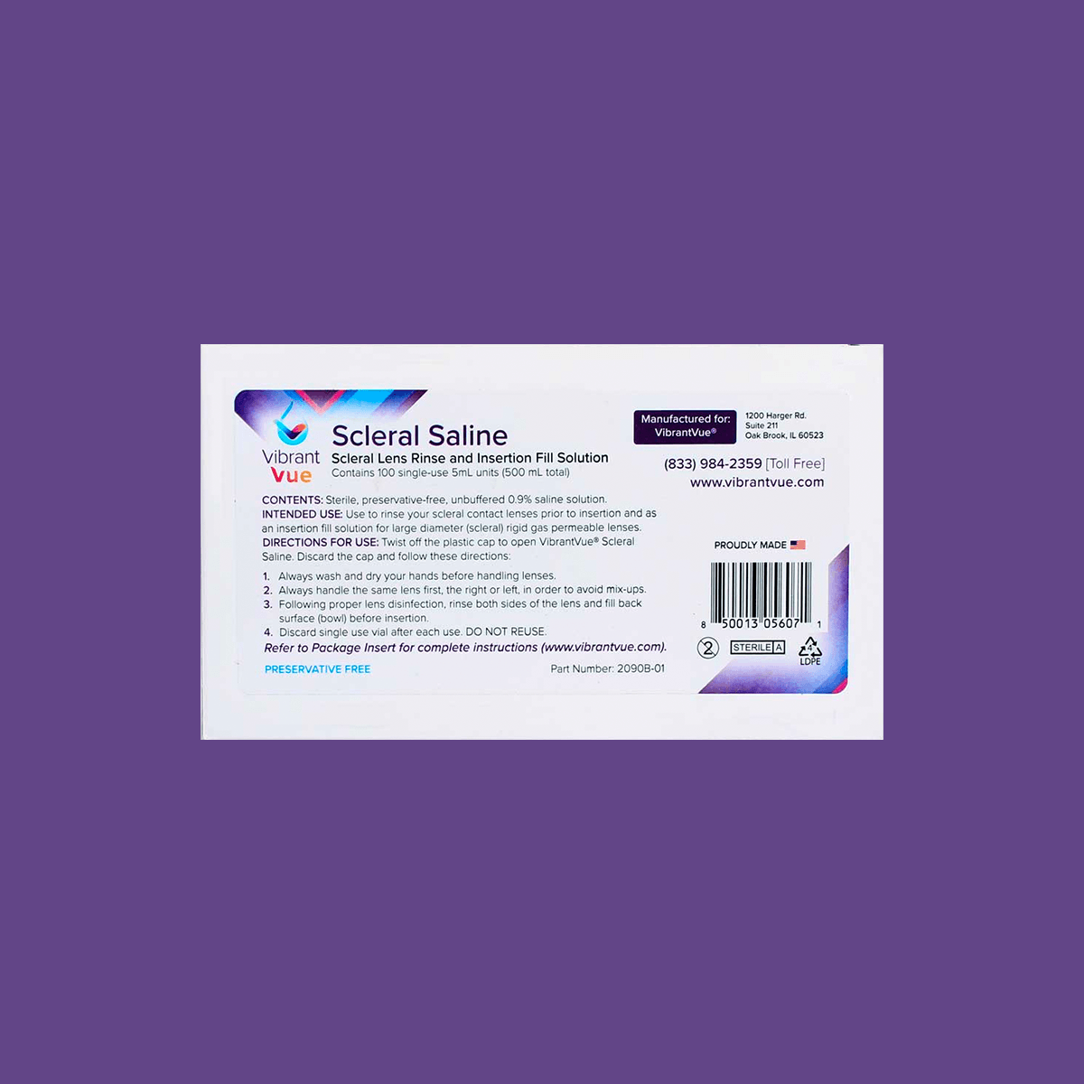 Vibrant Vue Saline Lens Rinse and Insertion Fill Solution, 100% Preservative Free, 100 Vial box - DryEye Rescue Store