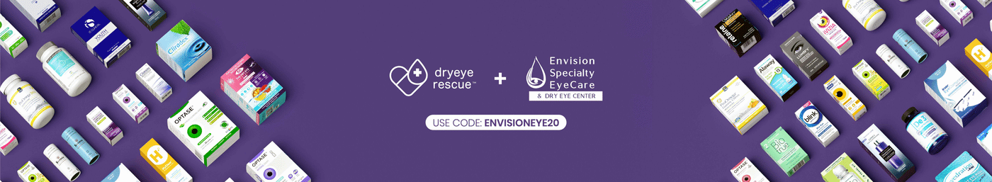 Purple banner displaying various eye care product boxes from Dry Eye Rescue and Envision Specialty EyeCare. Text includes USE CODE: ENVISIONEYE20 in a white box at the center bottom.