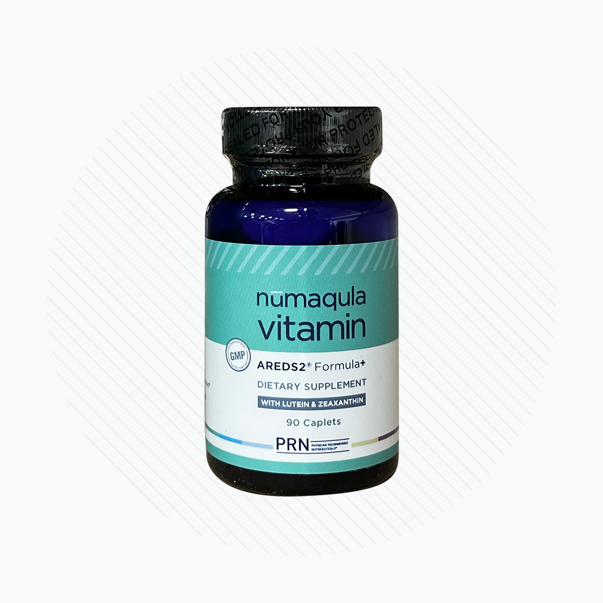 A blue PRN nūmaqula Vitamin bottle with 90 caplets shows the AREDS2 based formula for advanced macular support. As a dietary supplement, it contains Lutein, Zeaxanthin, and antioxidants, featuring a black cap against faint diagonal lines.