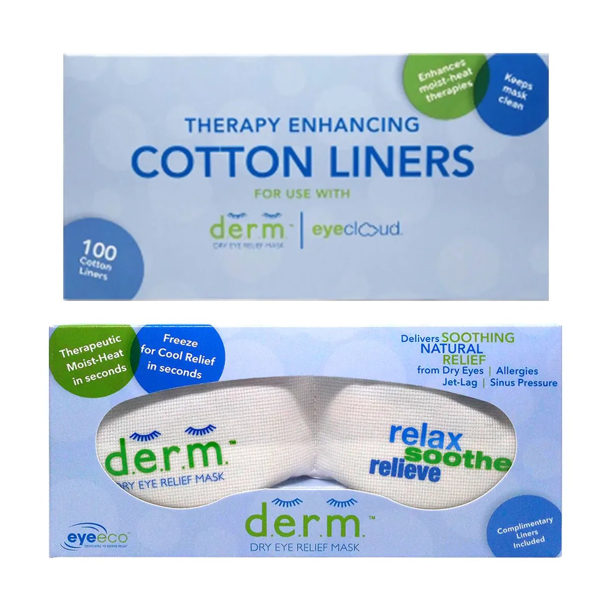 EyeEco D.E.R.M.™ Dry Eye Relief Mask & Replacement Liners Bundle (Mask Plus 100 Cotton Liners) - Dryeye Rescue