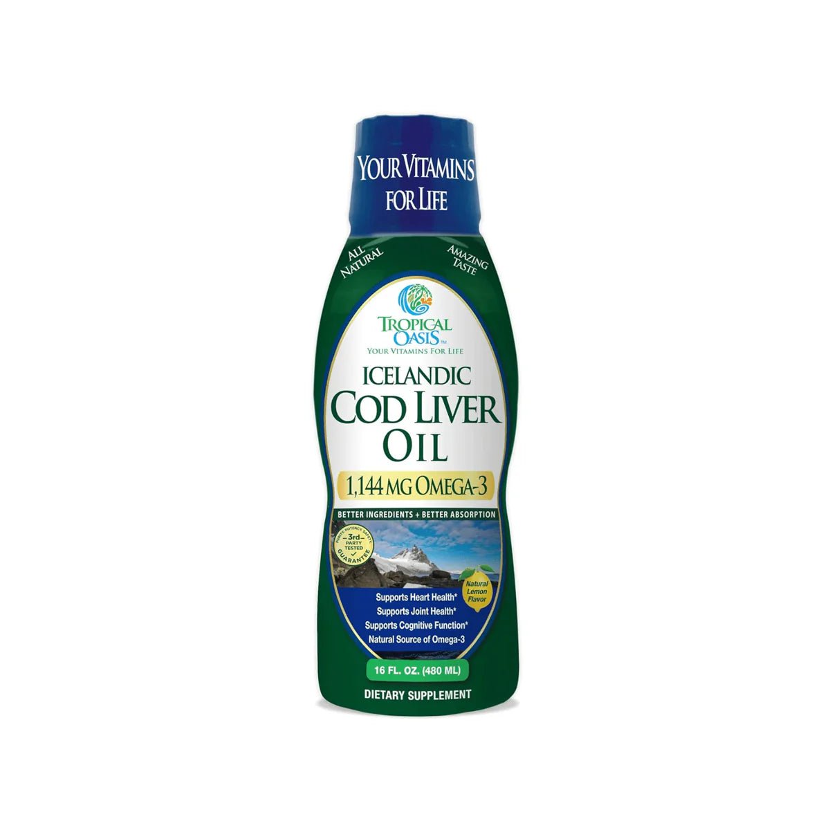 Tropical Oasis Cod Liver Oil 1144mg Omega-3 Liquid Supplement (16oz.) - Dryeye Rescue