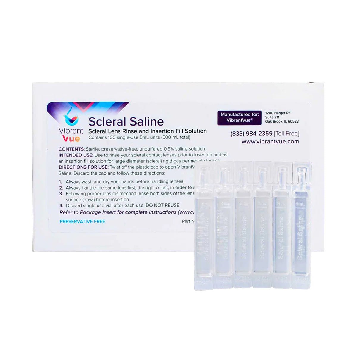 Vibrant Vue Saline Lens Rinse and Insertion Fill Solution, 100% Preservative Free, 100 Vial box - Dryeye Rescue