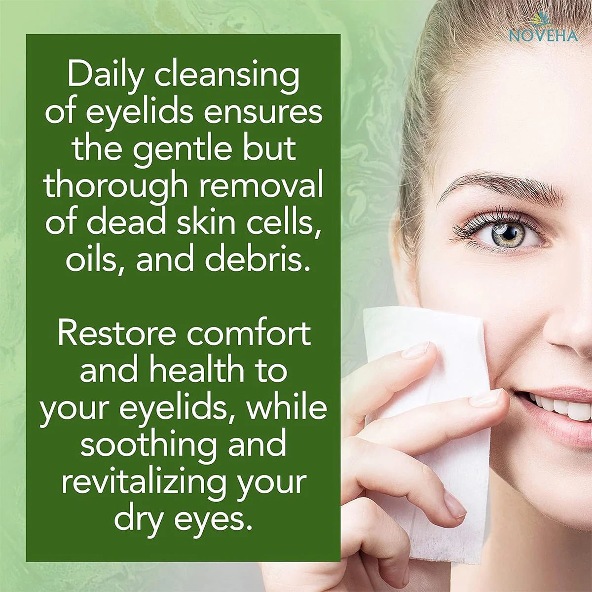 NOVEHA Tea Tree Oil Eyelid & Lash Wipes | With HA, Green Tea & Chamomile For Blepharitis, Itchy & Styes 60 Pcs - Dryeye Rescue