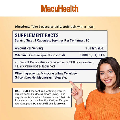 Macuhealth Liposomal Vitamin C 1000MG Per Serving - High Bioavailablity Vitamin with Fat-Soluble Antioxidants and Enhanced Absorption (180ct) - Dryeye Rescue