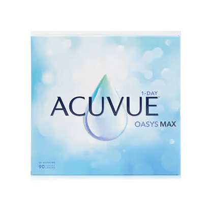 The Acuvue Oasys Max 1-Day (90 pack) features packaging with a blue background, a water droplet design highlighting TearStable Technology, UV blocking, and the advanced OptiBlue Light Filter for comfort.