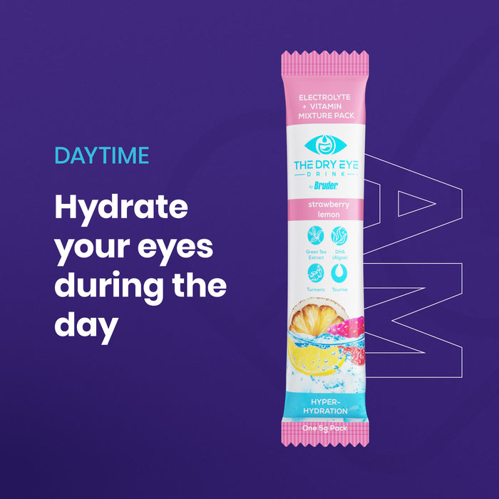 A stick pack labeled The Dry Eye Drink with strawberry lemon flavor is on a blue background. Text reads Daytime Hydrate your eyes during the day. The words Electrolyte + Vitamin Mixture Pack and Hyper-Hydration are visible on the packaging.