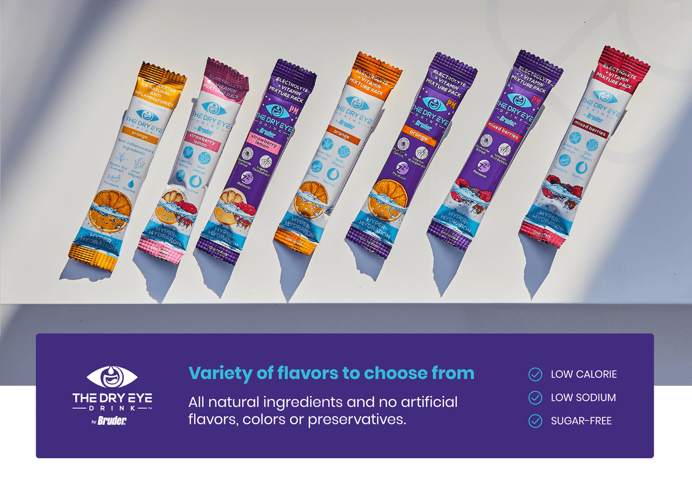 Six brightly colored packets of The Dry Eye Drink by Bruder are lined up diagonally on a white surface. A purple box below highlights features like low calorie, low sodium, and sugar-free. Text reads Variety of flavors to choose from.