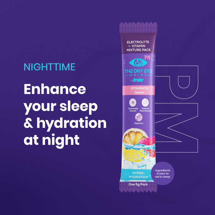 A packet of The Dry Eye Drink nighttime mix is shown against a purple background. The sachet is labeled strawberry lemon flavor and contains elderberry extract, vitamin C, zinc, and melatonin. Text reads: Enhance your sleep & hydration at night.