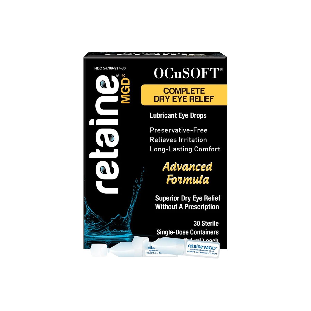 DryEye Rescues Moderate Dry Eye Bundle packaging highlights Complete Dry Eye Relief and an Advanced Formula, perfect for those using a Lid Wipe routine. The box contains 30 sterile, single-dose containers.