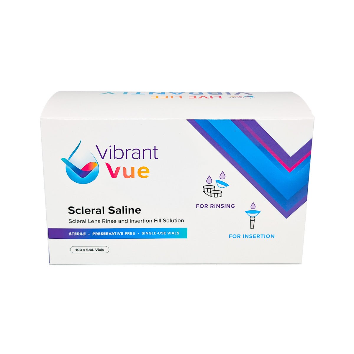 Vibrant Vue Saline Lens Rinse and Insertion Fill Solution, 100% Preservative Free, 100 Vial box - Dryeye Rescue