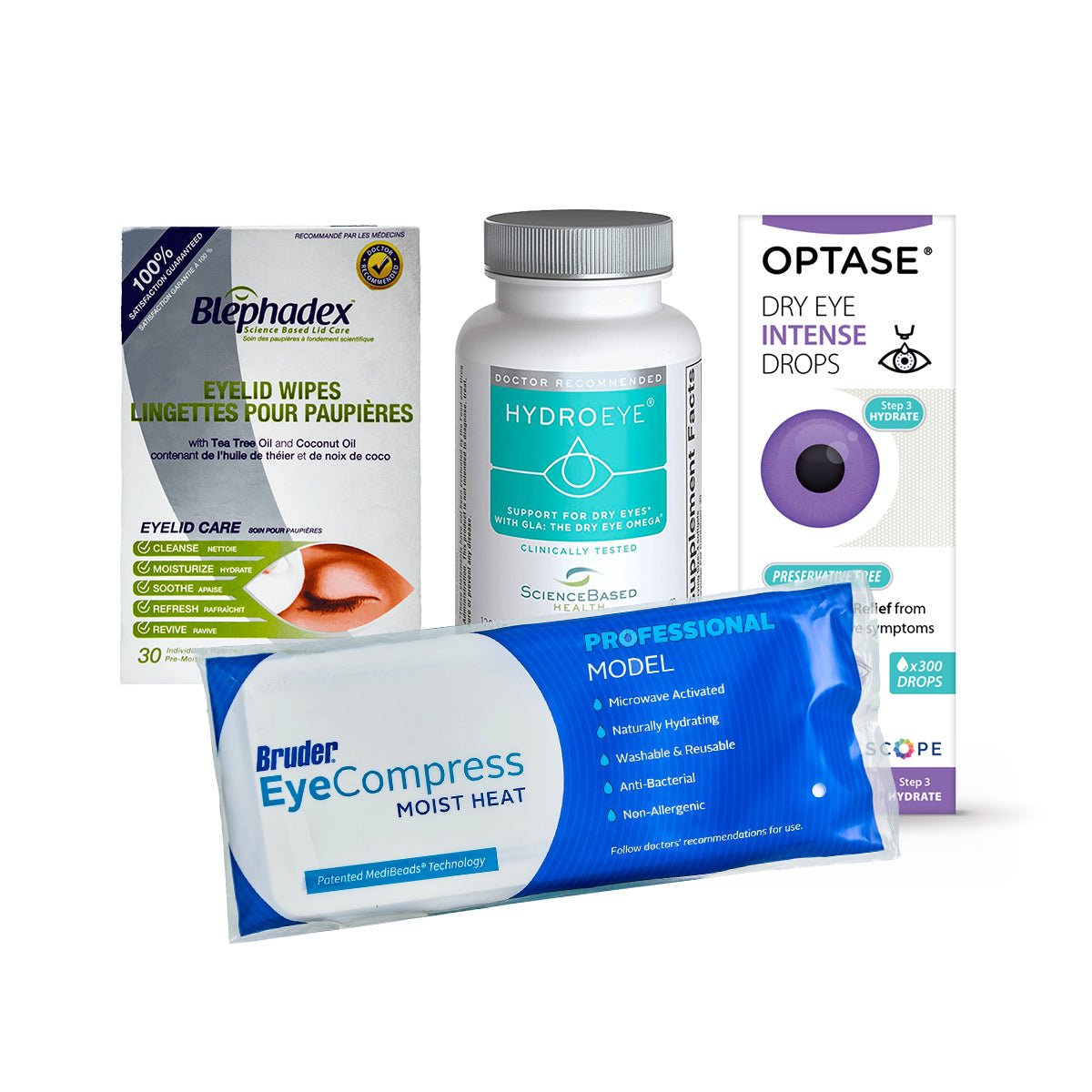 Discover the Dryeye Rescue Most Popular Dry Eye Starter Kit, including eyelid wipes, softgels, intense drops for soothing relief, and a moist heat eye compress pack.